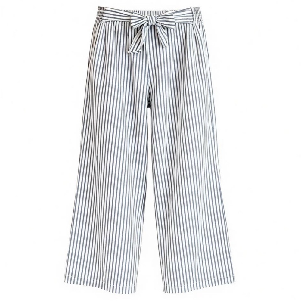 BeachLunchLounge Florencia Wide Leg Linen Cotton Tie Waist Pants Navy Striped M